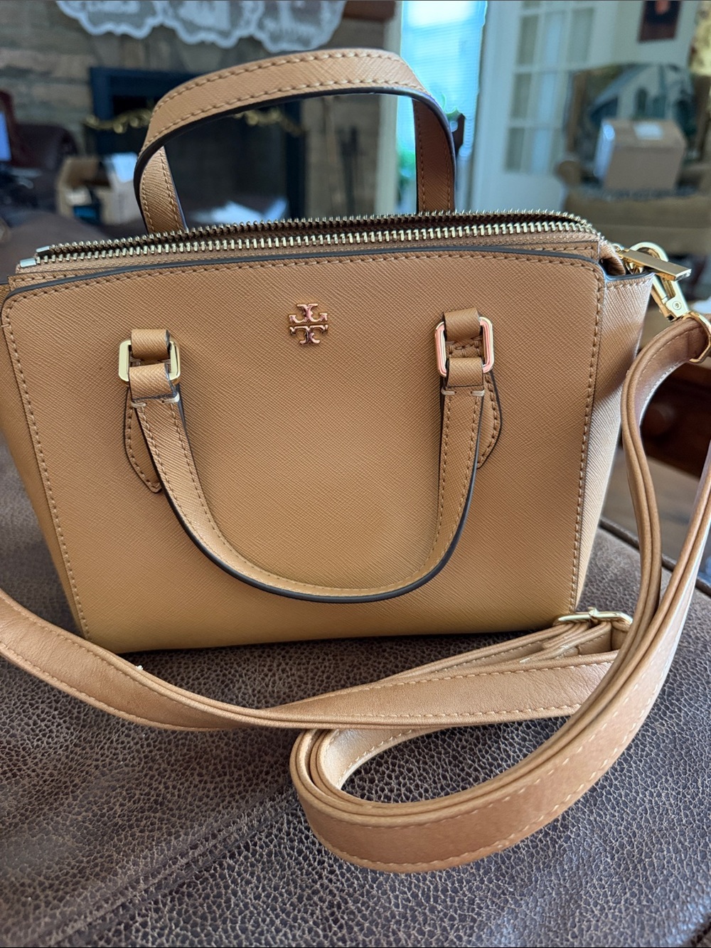 Tory Burch Camel Tan Saffiano Leather Emerson mini tote/Crossbody Satchel